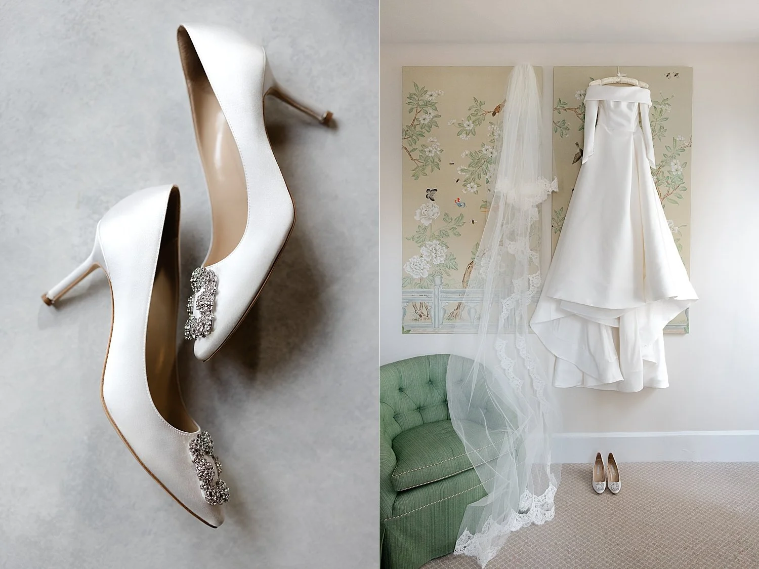  Bridal shoes and wedding dress 