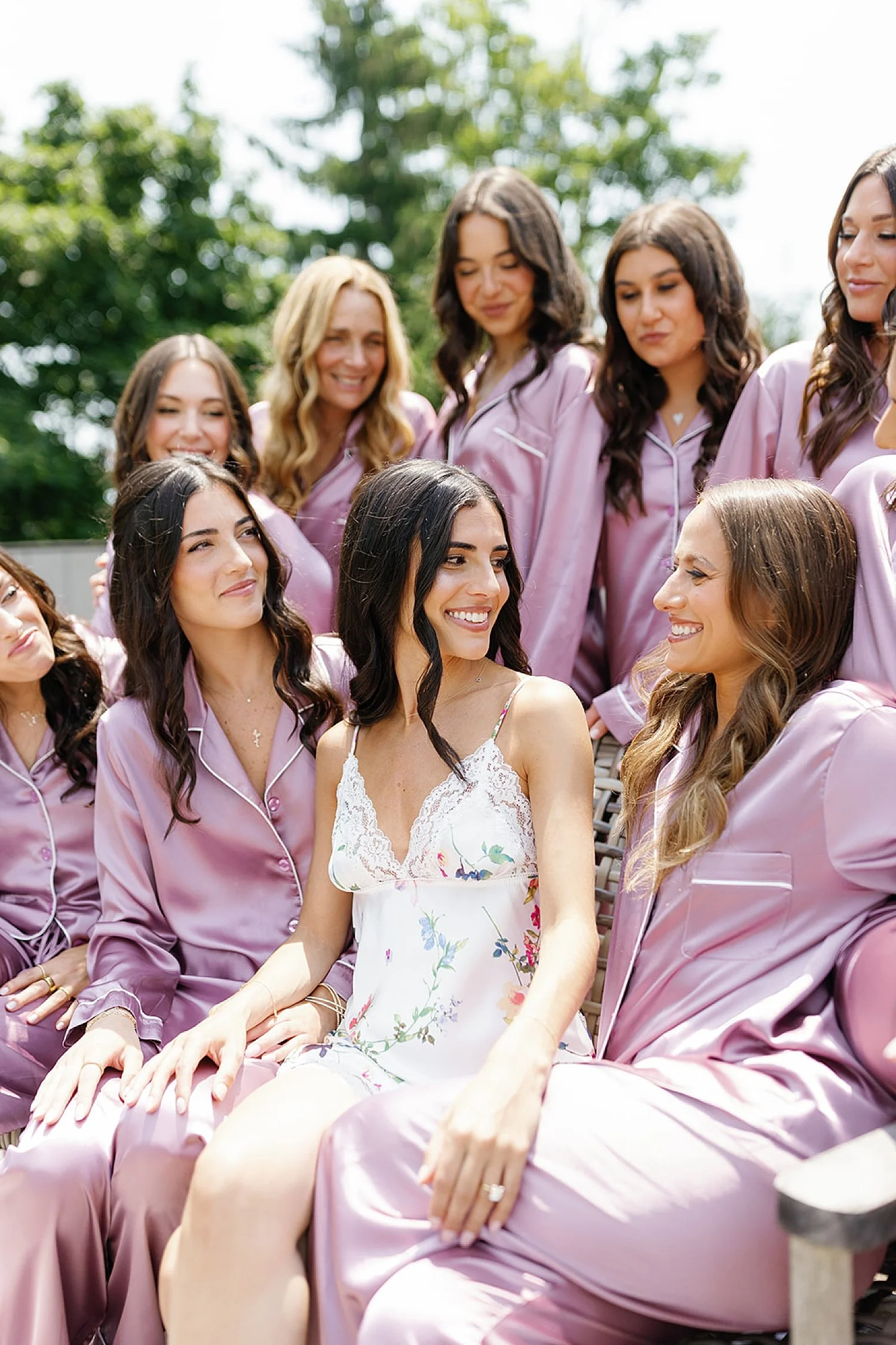 bride and bridesmaids in matching lilac pjs  