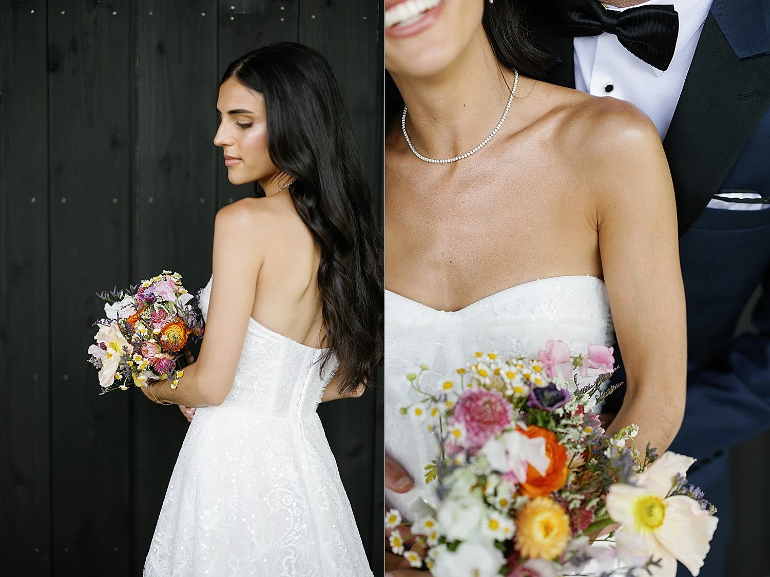  Bride in wedding dress with colorful summer bouquet  