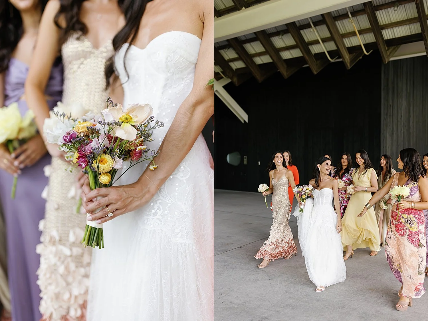  bride and bridal party in colorful summer dresses 