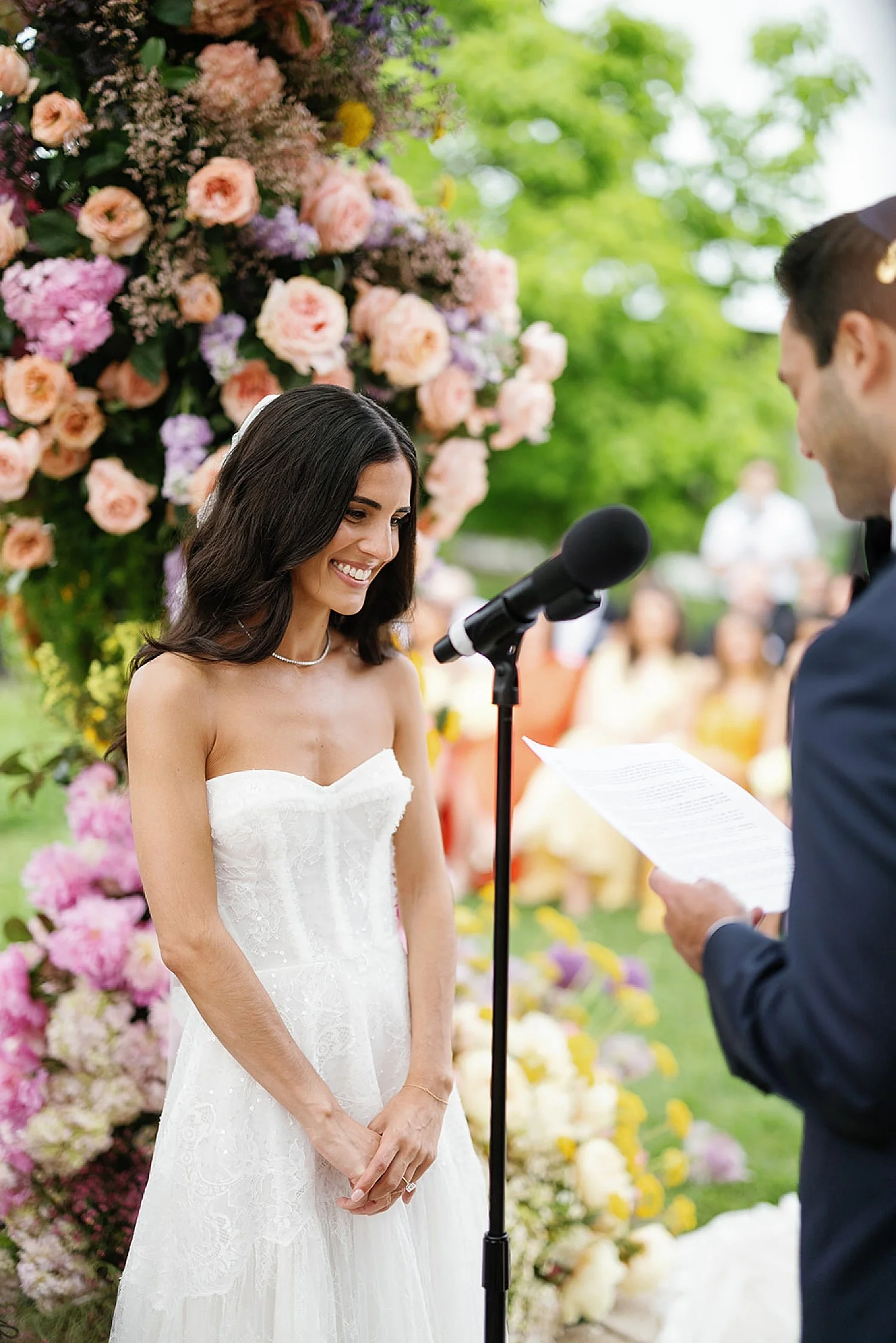  bride and groom exchanging vows at outdoor summer wedding ceremony in the Hamptons at Parrish Art Museum  
