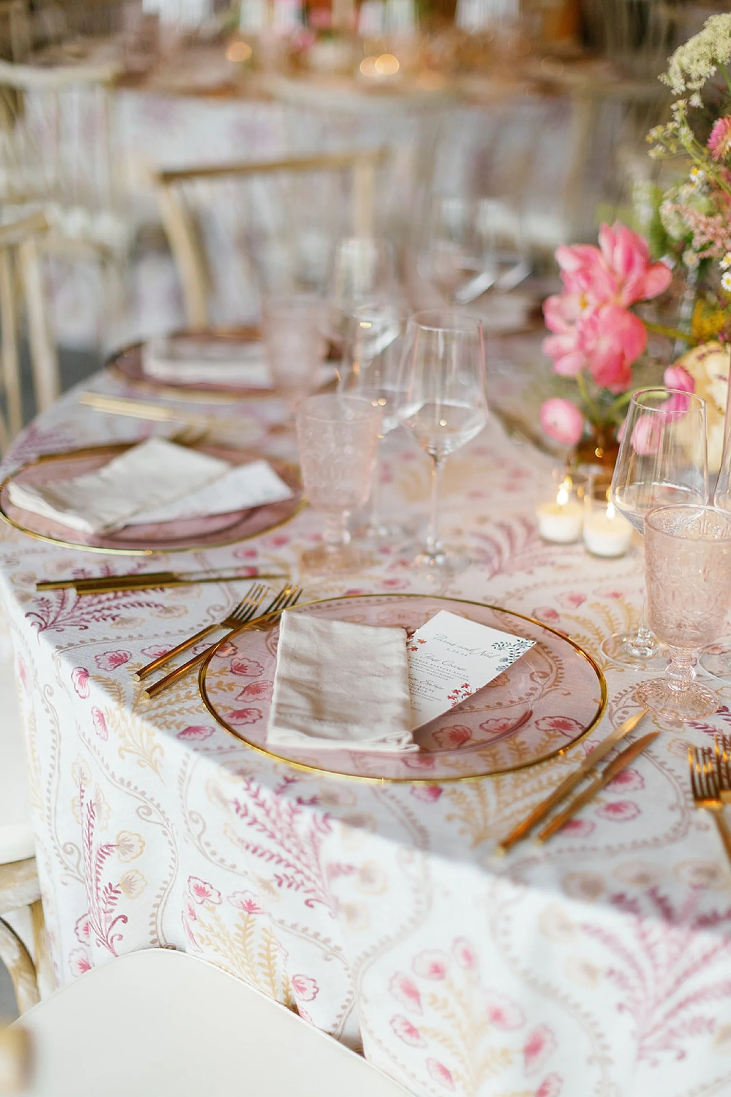  elegant tablescape with patterned linens  