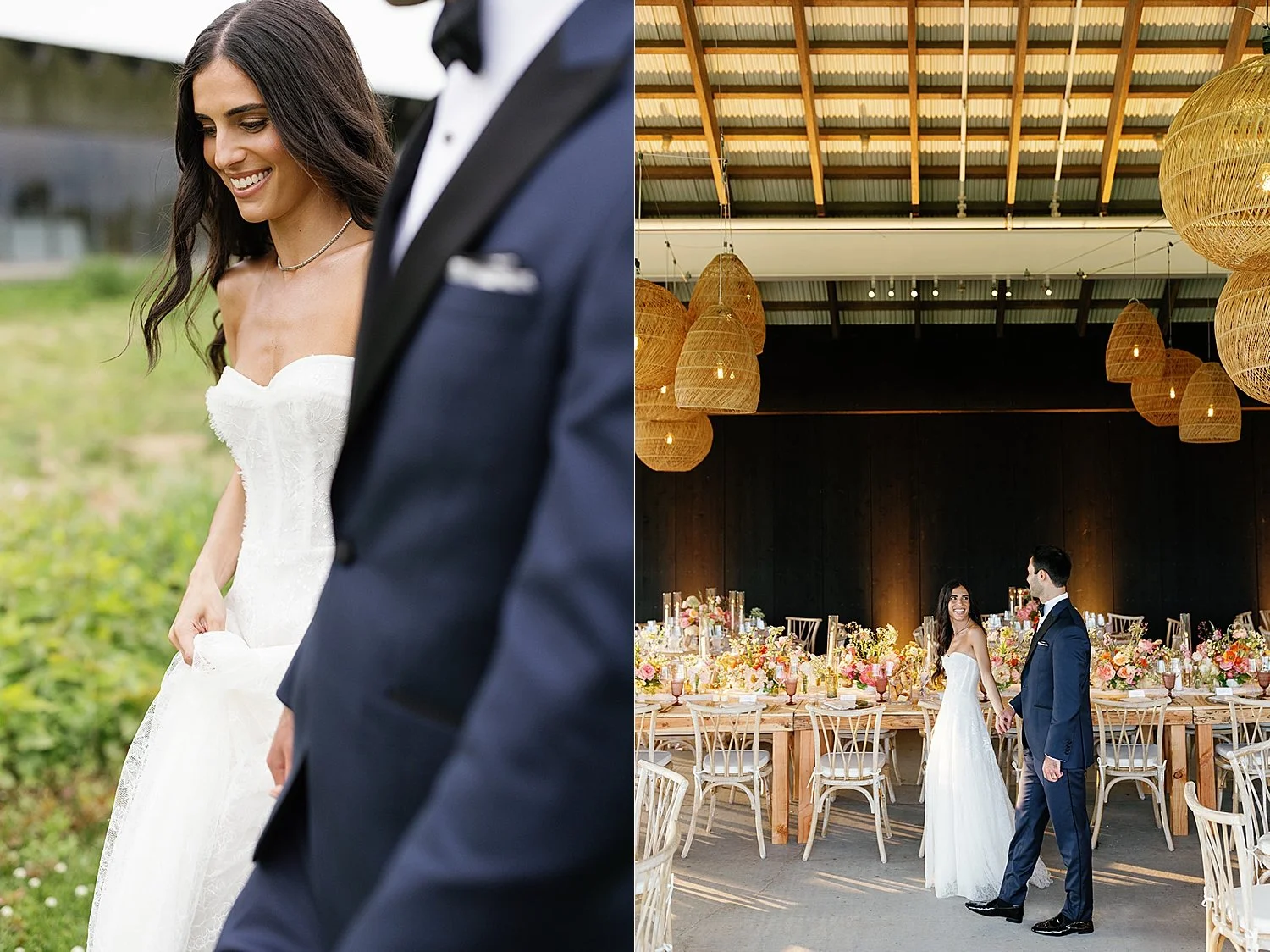  newlyweds walk to covered outdoor reception space 