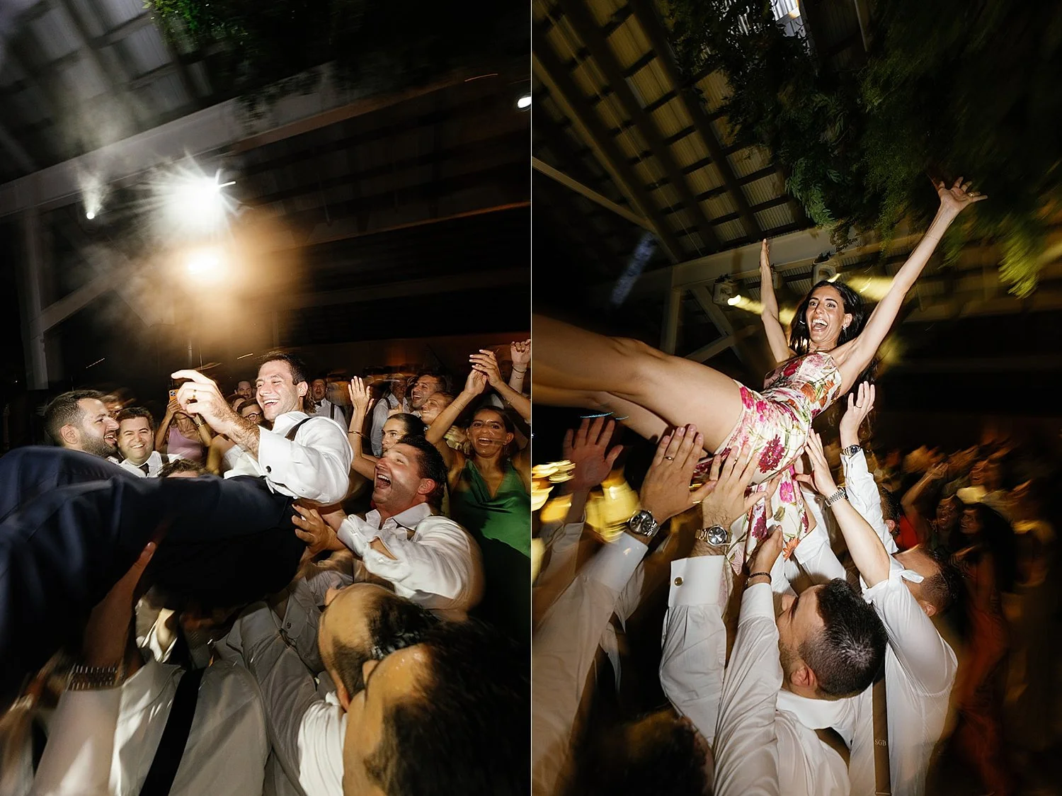  bride and groom crowd surf at wedding reception  