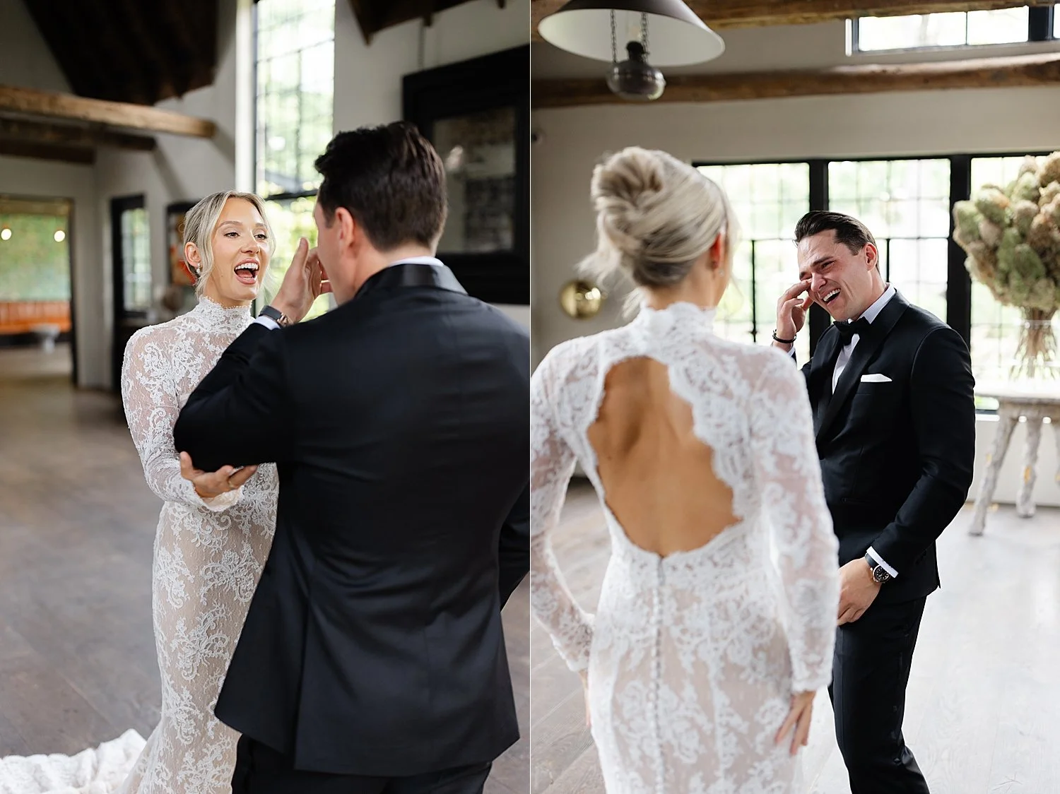  candid and emotional first look between bride and groom  
