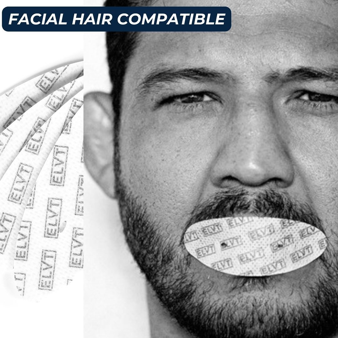 The ELVT Breath Control patch is facial hair compatible. The hybrid patch was crafted specifically for mouth application. 
#nasalbreathe #breathcontrol