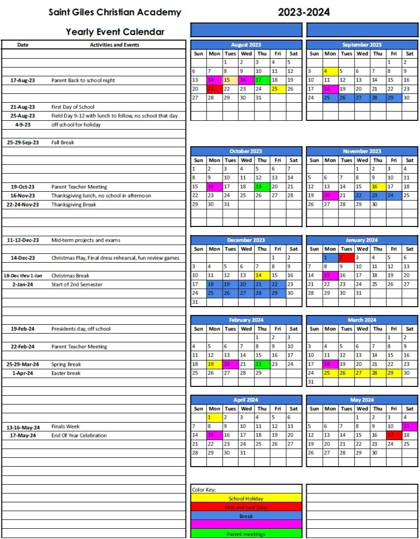 School Calendar — St. Giles Christian Academy