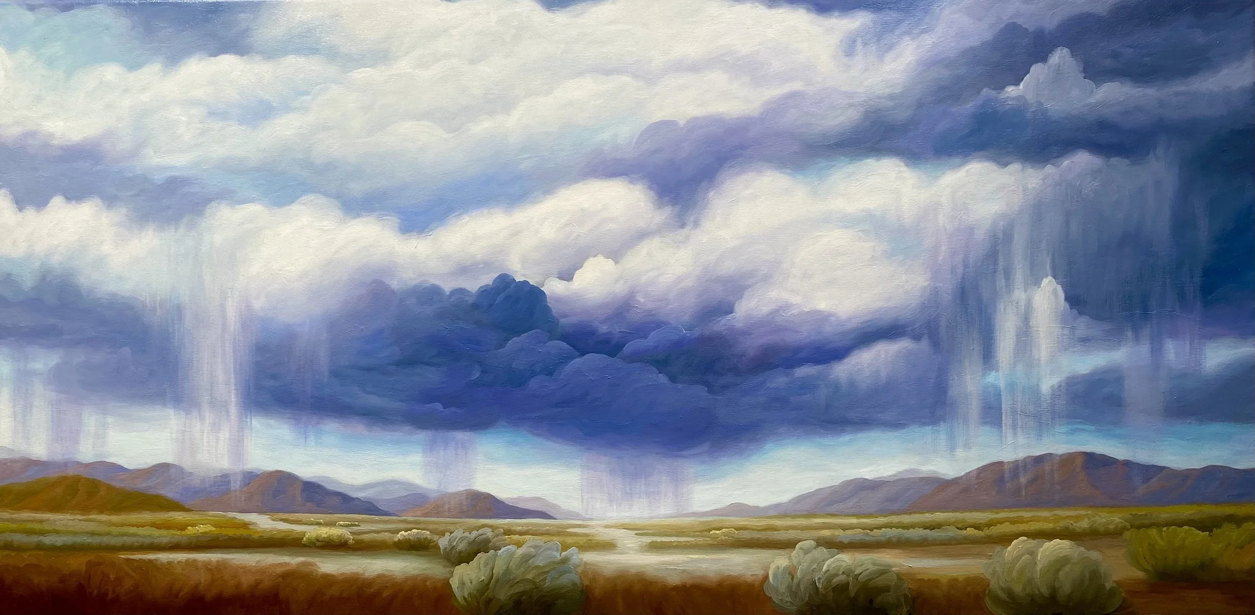 Rain Begins In The Desert, 34” x 68”, oil on canvas