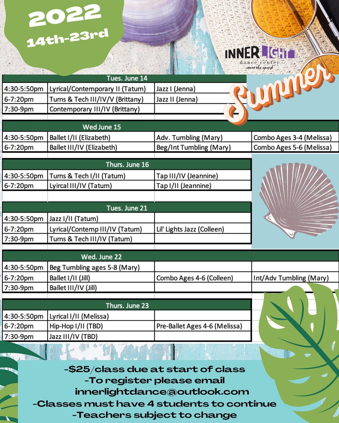 Summer is here and Innerlight is ready! Sign up for summer classes today at the studio or via email (innerlightdance@outlook.com) we have some awesome classes with some of our amazing staff! Join us this summer!