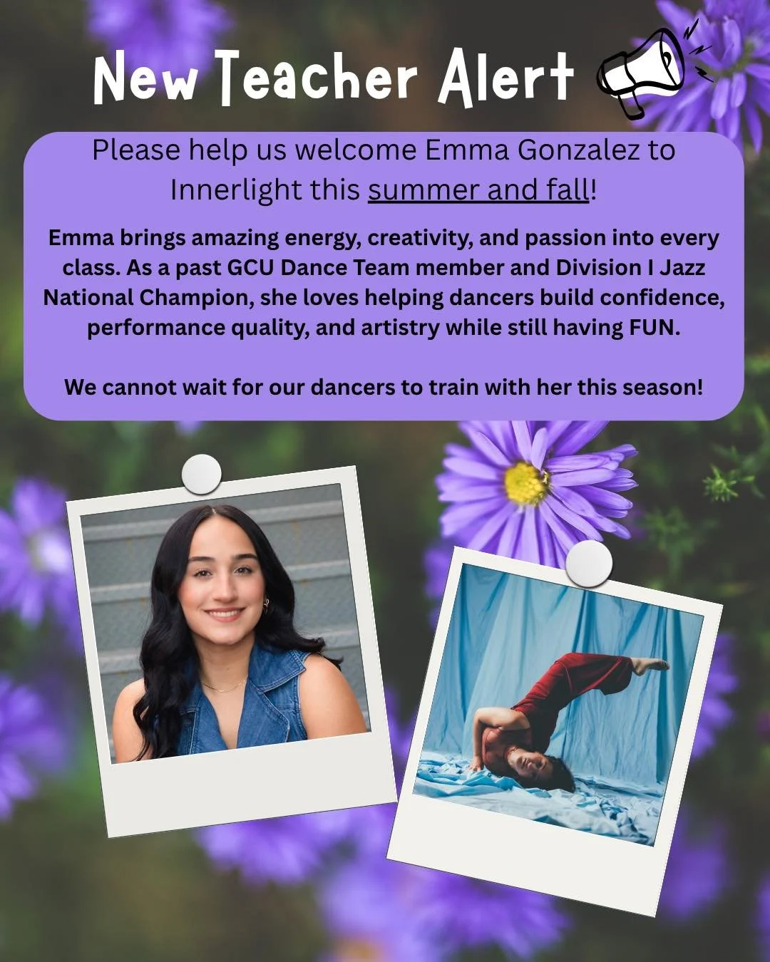 🚨 NEW TEACHER ALERT 🚨

We are SO excited to welcome Emma Gonzalez to our Innerlight faculty this summer AND fall! 🤍

If you missed Emma&rsquo;s master classes, here&rsquo;s your chance to keep training with her this summer before fall classes begi