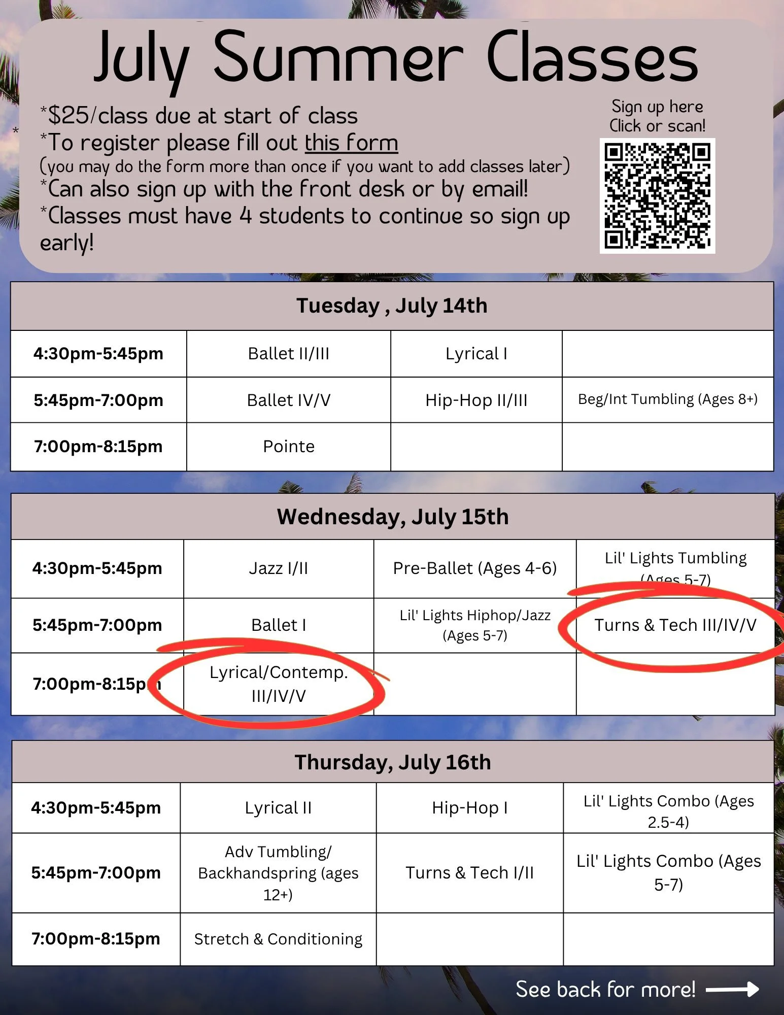 We added even more summer classes for July!! ☀️ We&rsquo;re so excited for everything we have planned this summer and can&rsquo;t wait to dance with you all!

Don&rsquo;t forget-if you sign up and pay by June 3rd, you&rsquo;ll get our Buy 5 Classes, 