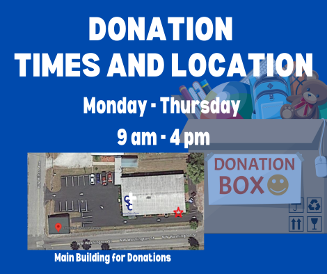 Sign for donation times and location featuring a map, donation box, and various items like backpacks and teddy bears.
