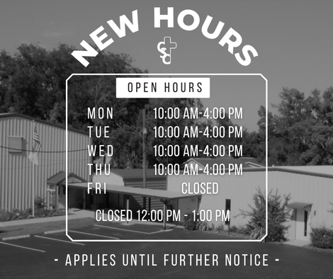 Sign displaying new hours: Monday to Thursday, 10 AM to 4 PM; closed on Friday, with a midday closure from 12 PM to 1 PM; applies until further notice.