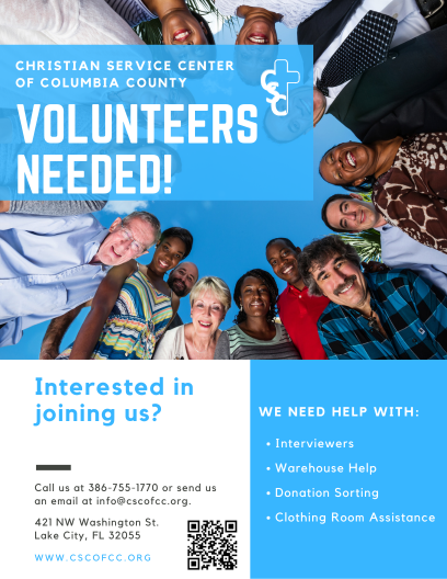 Group of diverse smiling volunteers gathered outdoors beneath a clear blue sky, promoting volunteer recruitment for a Christian service center.