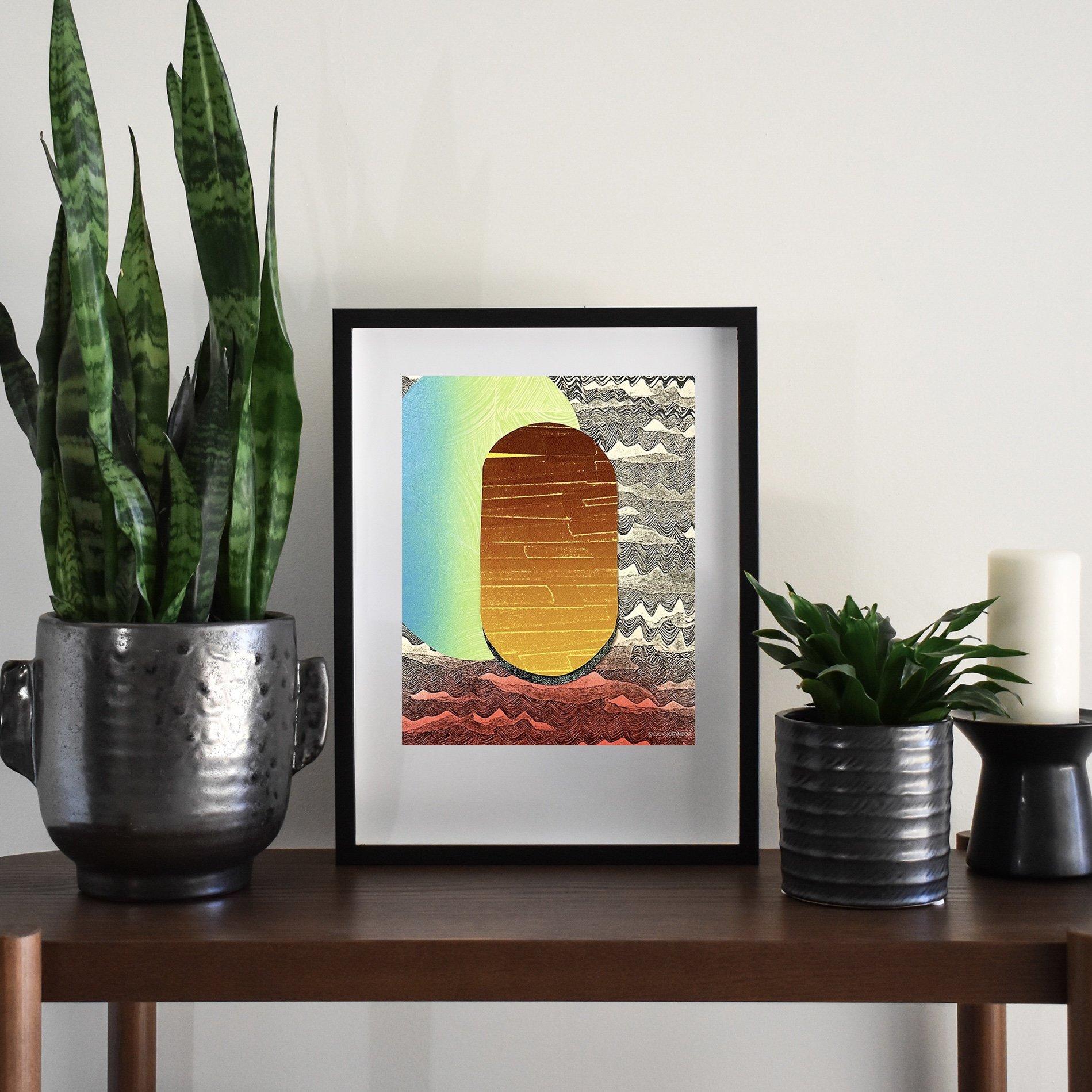 Bright colorful digital print letterpress collage Framed plants minimalism hipster 8x10