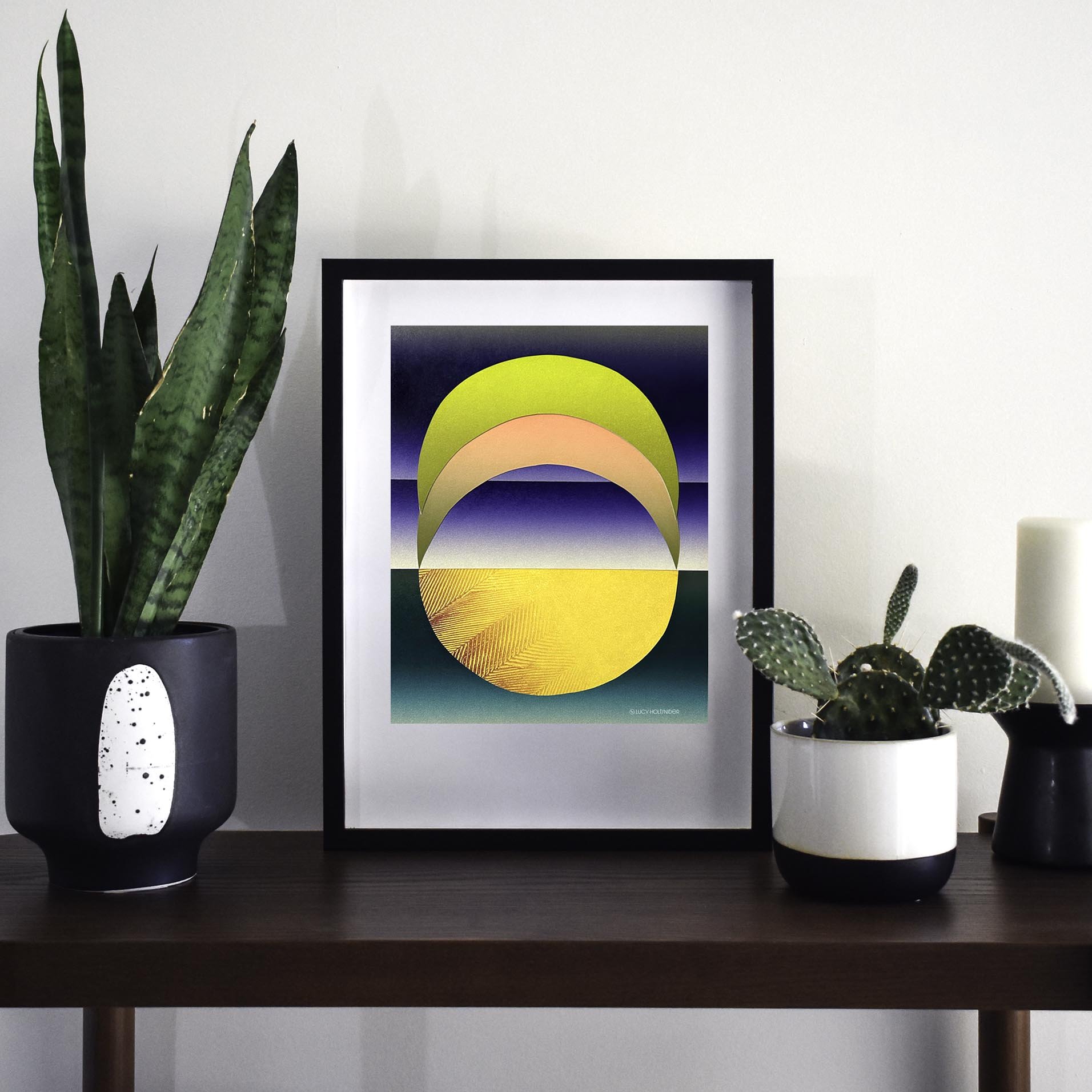A bright colorful digital print of a letterpress collage made by Lucy Holtsnider that is 8x10".
