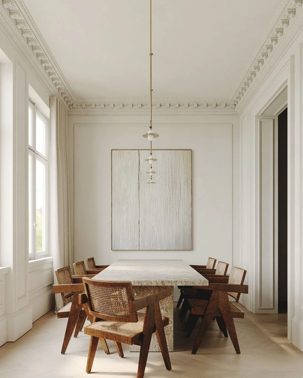// London Apartment // 
"Light drifts across tall moldings and linen, settling on the stone table and cane chairs..." 
Design and styling by: @maandpartners 
Art pieces by: @teresa_j_cuevas