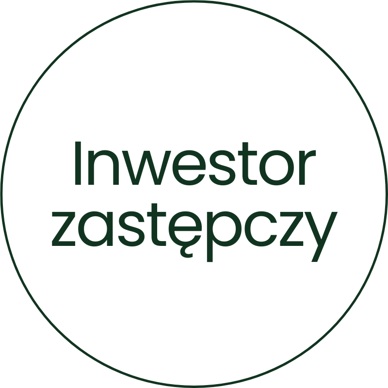 White circular badge with green border and text in Polish that reads 'Inwestor zastępczy'.