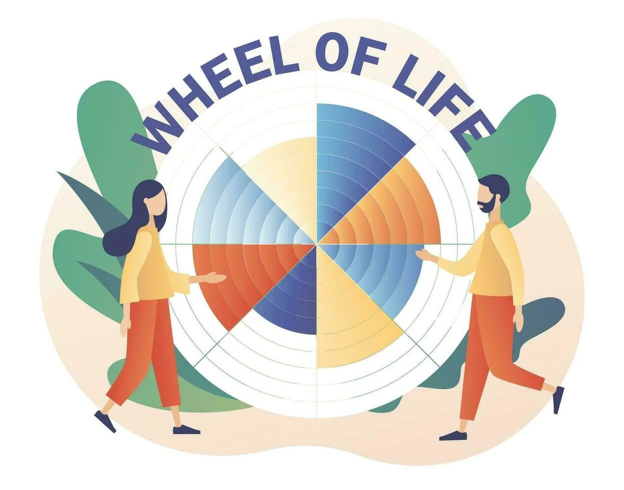 Illustration of a gender equality wheel with a woman on the left and a man on the right, standing on either side of the circle labeled 'Wheel of Life', surrounded by green abstract leaves.