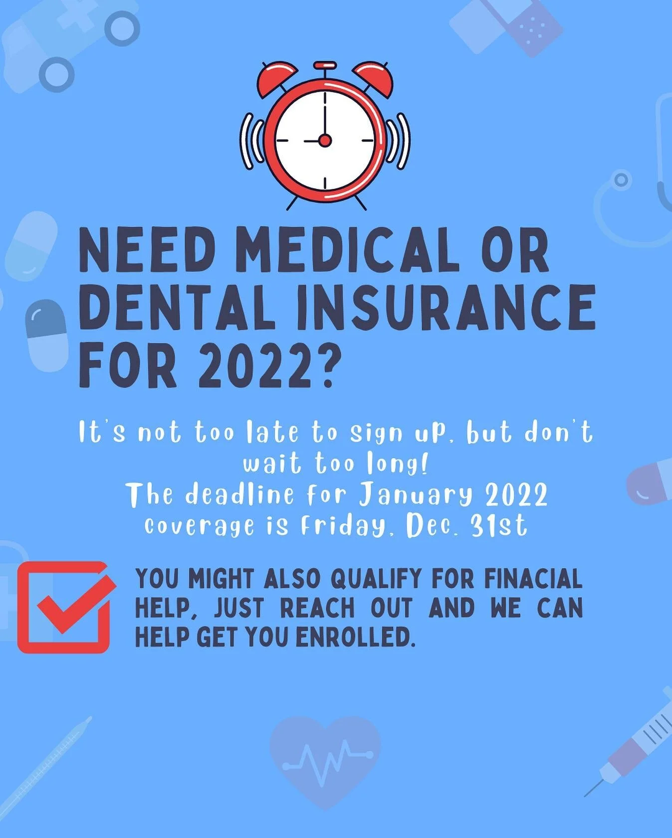 Open enrollment to apply for health insurance for 2022 is still open. If you need health insurance for next year, don&rsquo;t forget to enroll by Dec. 31st! 

#medical #dental #healthinsurance #openenrollment