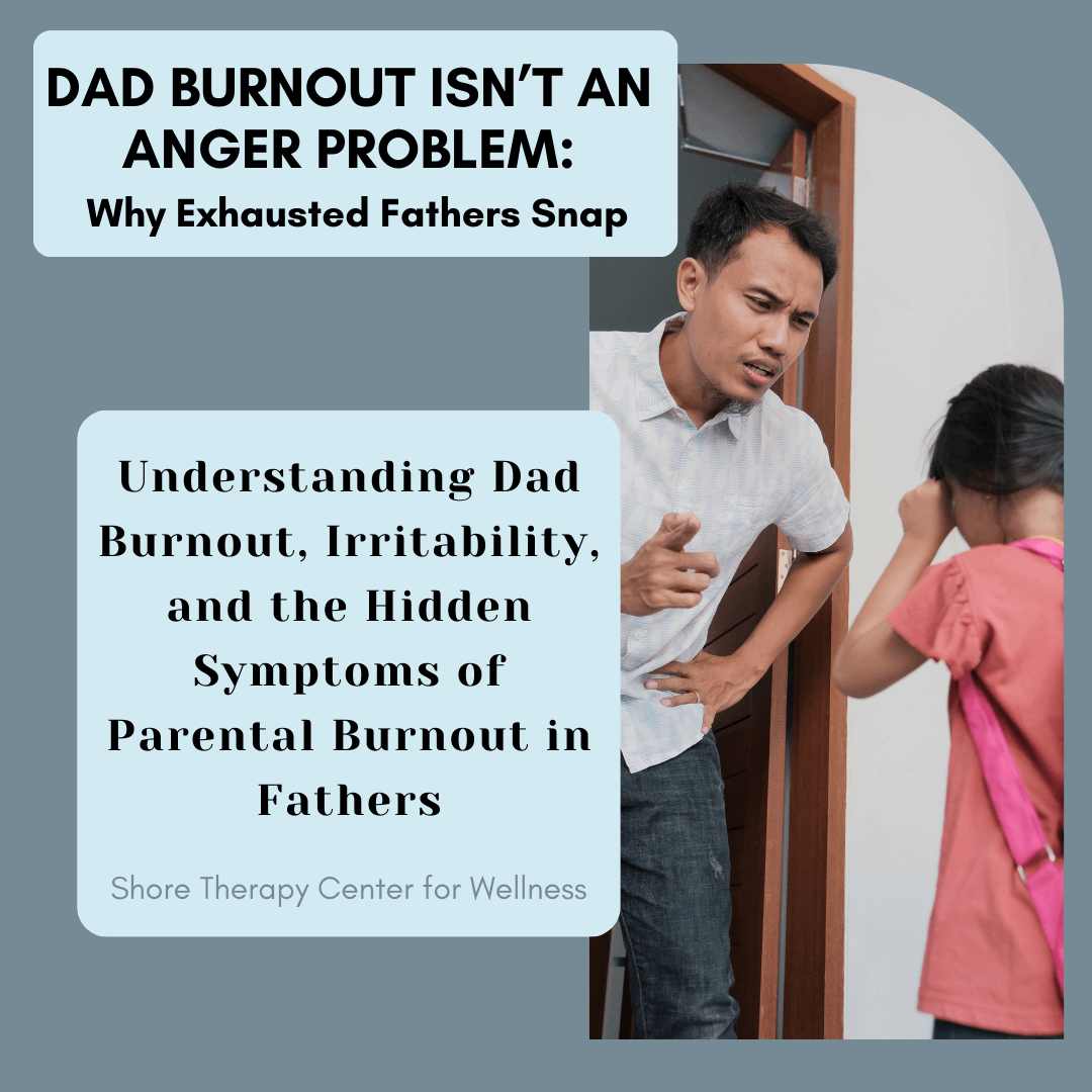 Young Asian father stands in doorway looking out at young daughter who faces him and is crying. Father looks angry and is scolding her. Text overlay reads "Dad Burnout isn't an Anger Problem: Why Exhausted Fathers Snap