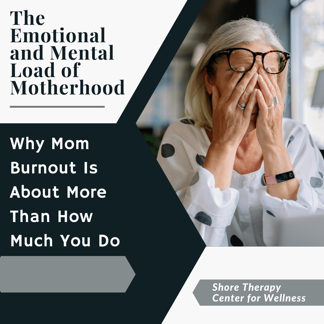 Woman appearing mentally exhausted beside the title “The Emotional and Mental Load of Motherhood: Why Mom Burnout Is About More Than How Much You Do.”