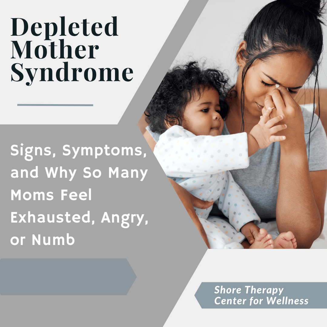 Graphic with  image  of a young, tired mom holding a baby. She rests her head in her hand with eyes closed while baby reaches toward her. Text reads, Depleted Mother Syndrome: Signs, Symptoms, and why so many moms feel exhausted, angry, or numb