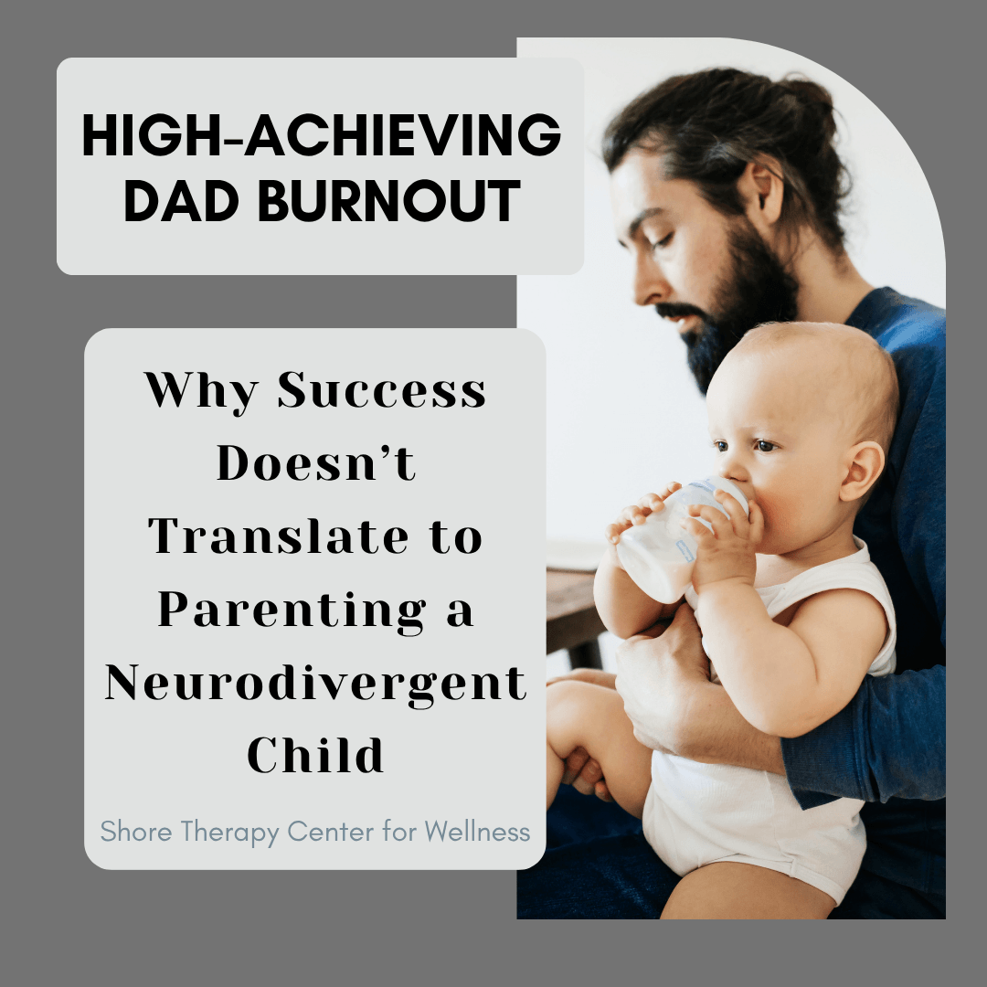 A tired father holds a baby with a bottle while looking down thoughtfully, capturing the emotional weight and quiet exhaustion often experienced in high-achieving dad burnout and parenting stress.