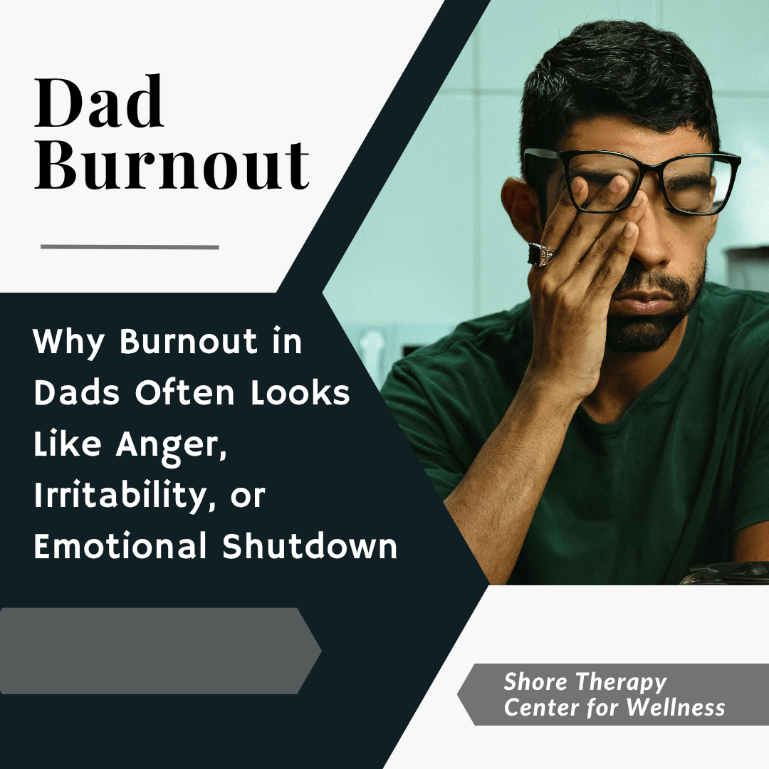 Father with his eyes closed and hand resting on his face, illustrating dad burnout symptoms such as emotional exhaustion, irritability, and emotional shutdown