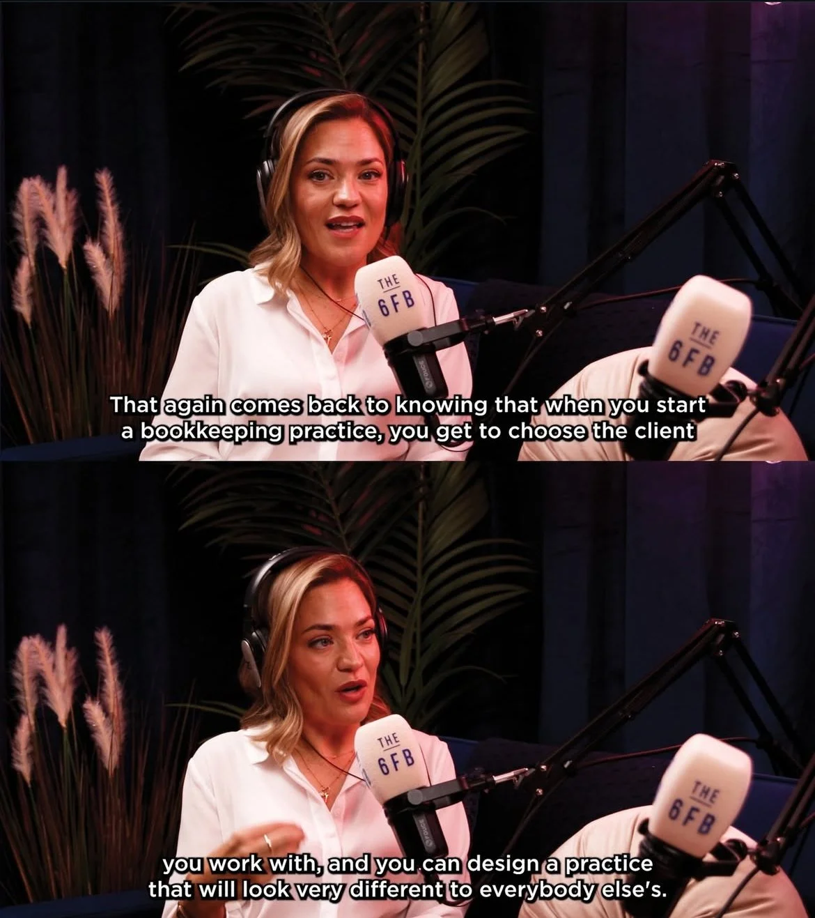A woman with shoulder-length blonde hair wearing headphones and a white blouse, speaking into a microphone labeled "The 6FB" during a broadcast or podcast recording session. There are plants and dark curtains in the background.