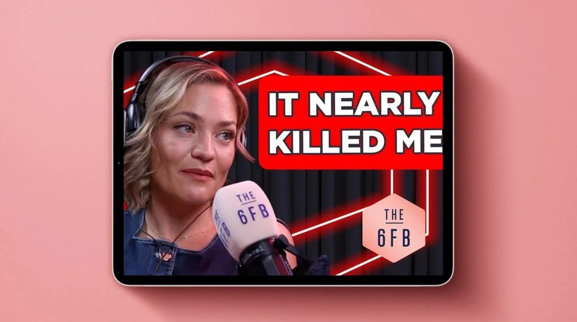 A woman with blonde hair speaking into a podcast microphone with a headset on, positioned in front of a black curtain background. The text overlay says "IT NEARLY KILLED ME" in bold white letters on a red background, with a logo "THE 6FB" in a pastel hexagon and on the microphone.