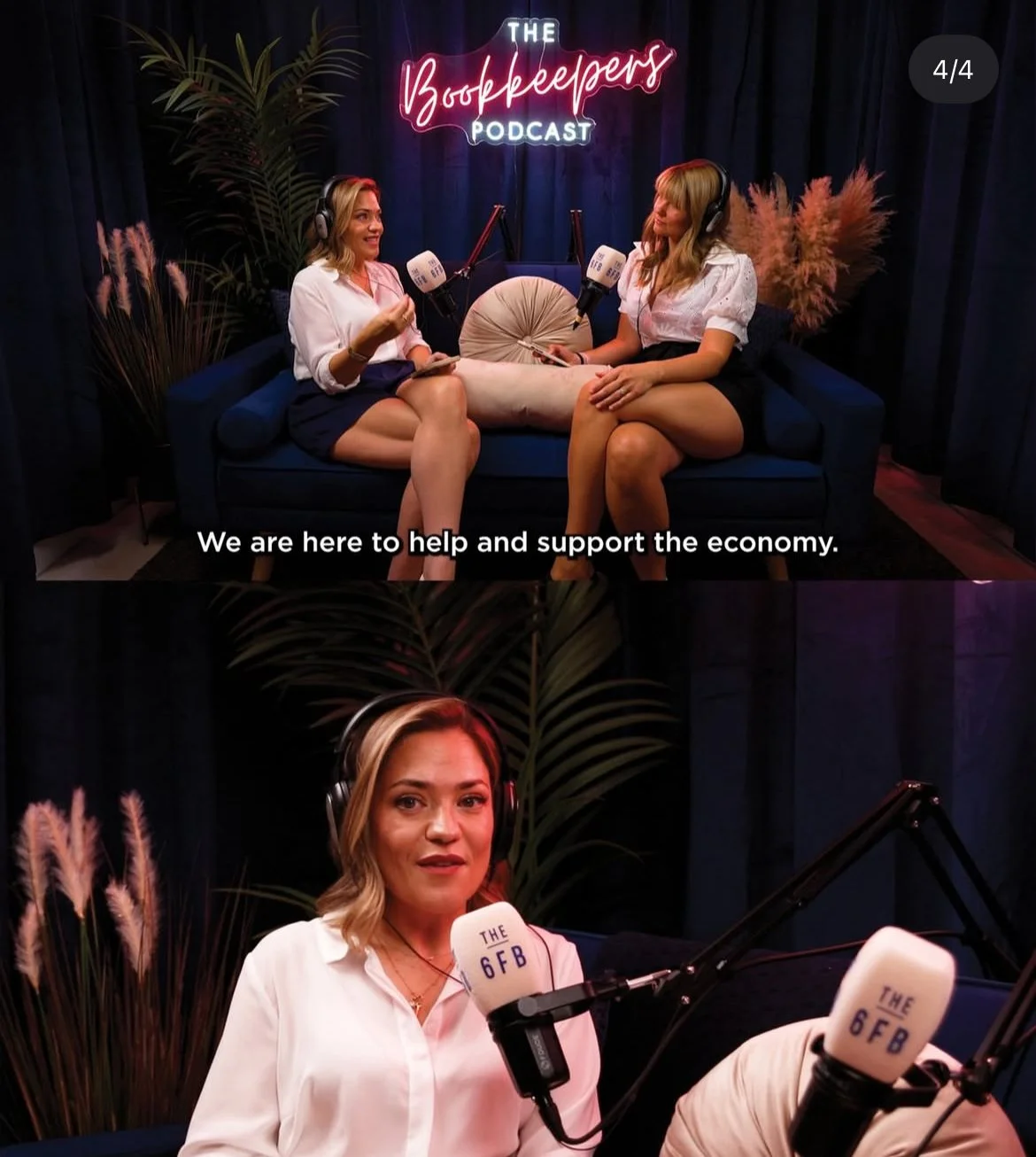 Two women sitting on a dark blue couch with headphones and microphones, recording a podcast titled "The Bookkeepers Podcast," with neon sign and plants in the background.