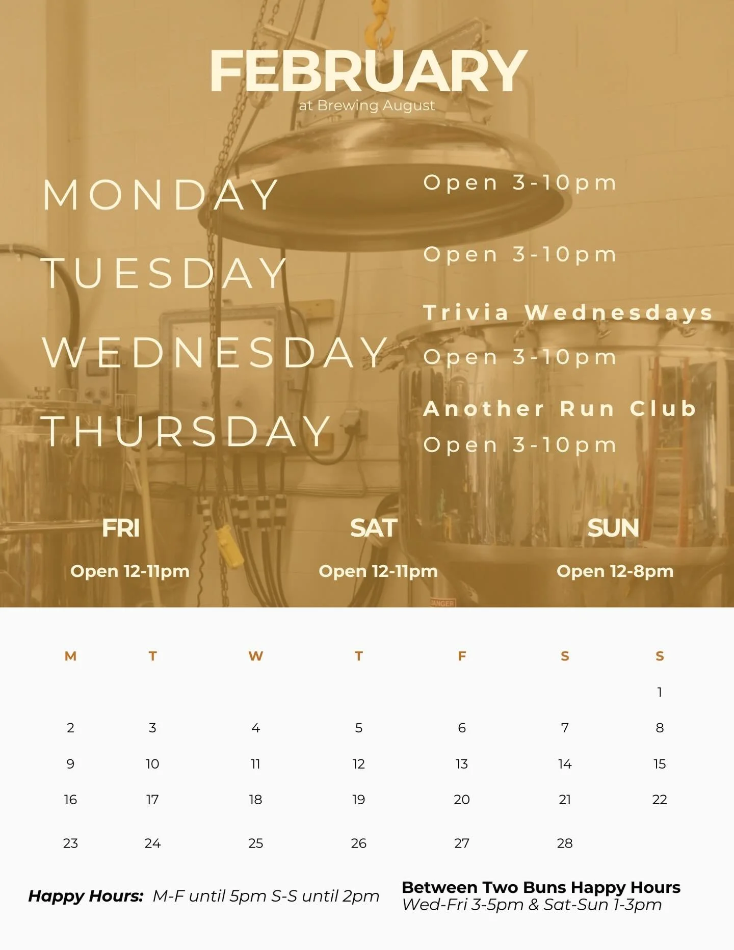 Hello February 👋 

Just a reminder that we have:

* Trivia every Wednesday 
* Another Run club every Thursday
* Between Two Bun Burgers every Wednesday - Sunday 
* Great beer every day!