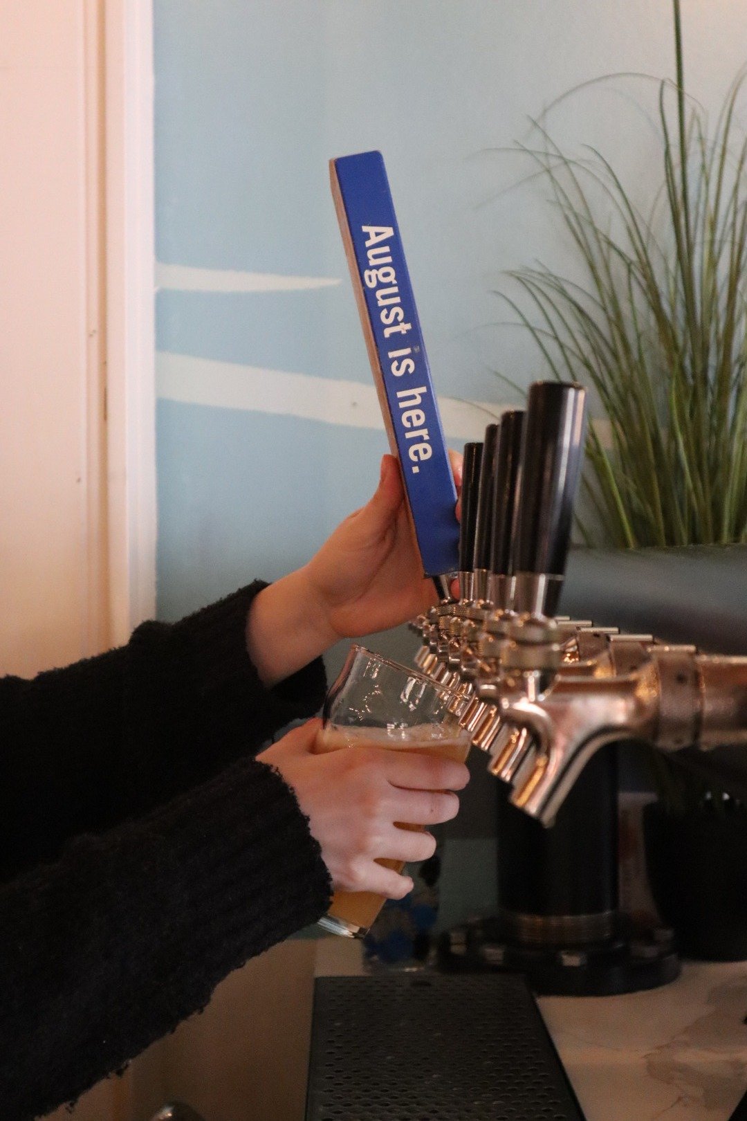 Person filling a glass from a row of beer taps at a bar, holding a sign that says 'August is here'.