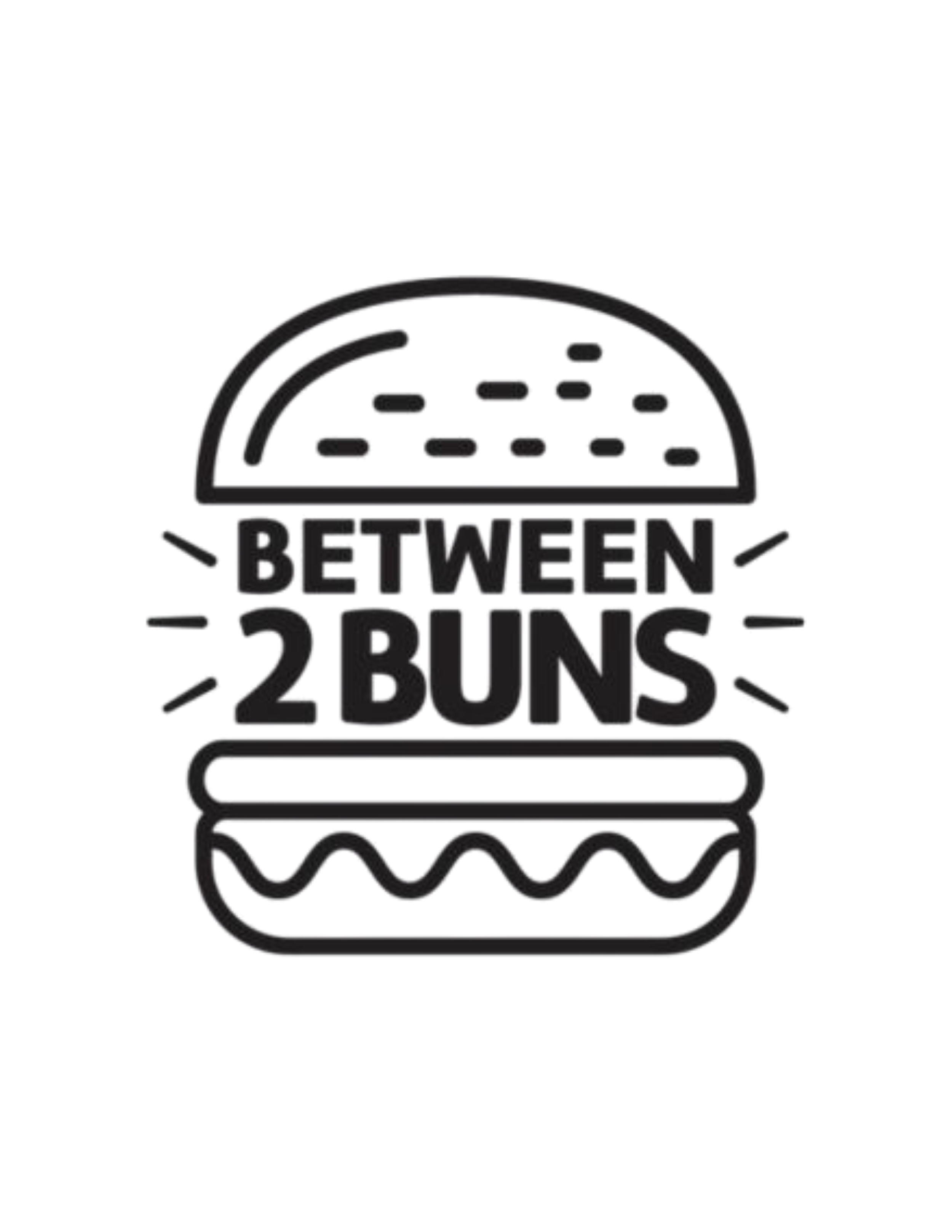 Neon sign depicting a burger with the words 'Between 2 Buns' underneath.