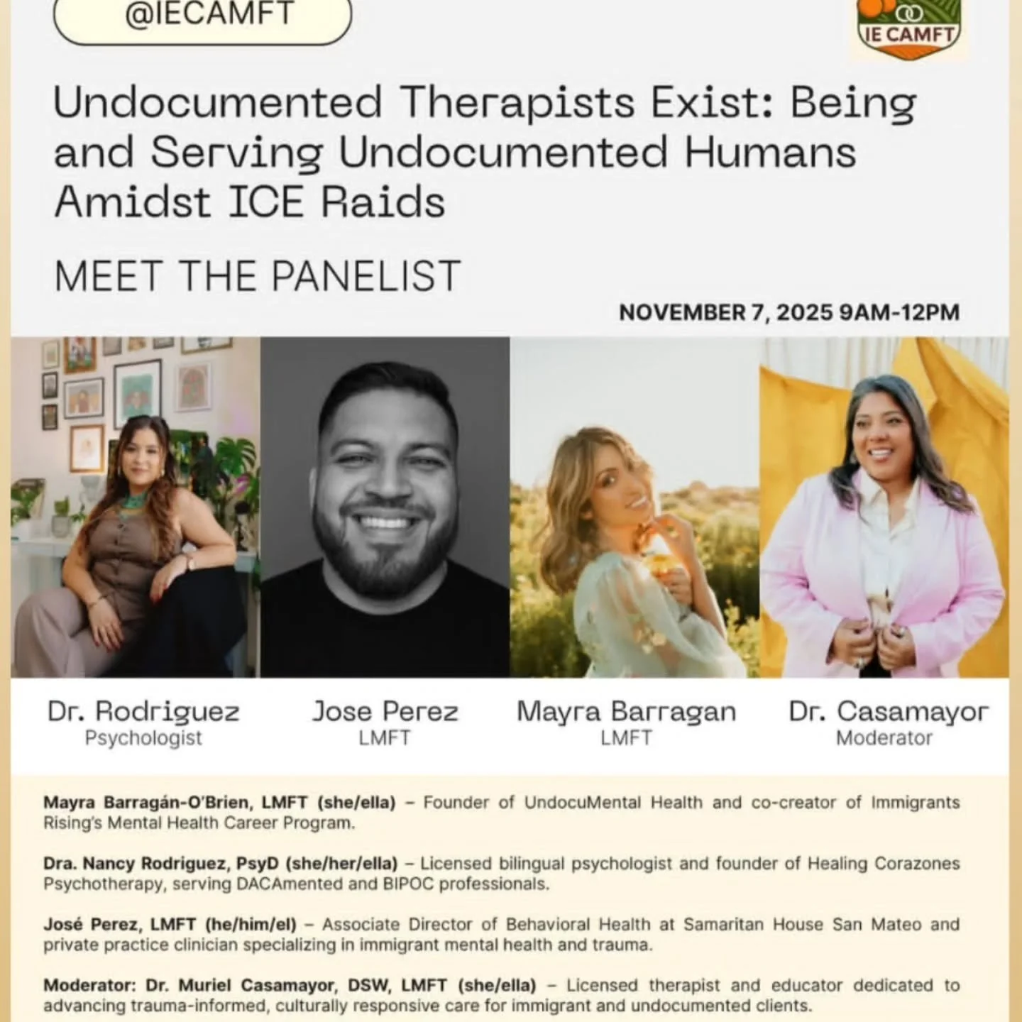 Next Friday November 7th, I will be in conversation with my amazing colegas @undocu.mentalhealth @dramurielc @josepereztherapy. 

We will be answering questions about our own personal stories of being deeply impacted by our immigration status, as wel