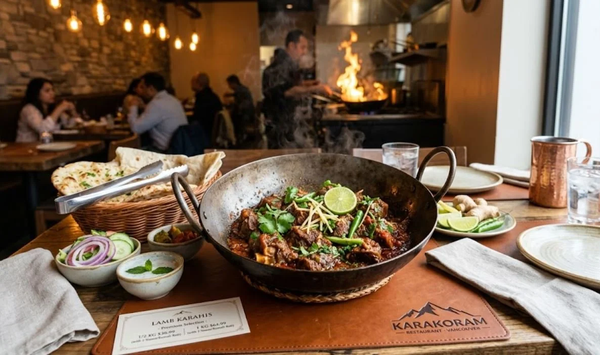 Premium Lamb Karahi served in a traditional iron wok on a luxury leather placemat at Karakoram Restaurant, featuring fresh naan, garnishes, and a blazing open-kitchen background.