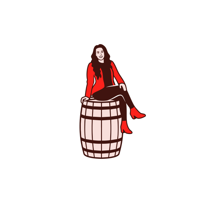 Woman in red sitting on a barrel.