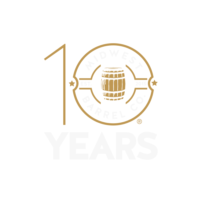 10 Year anniversary logo for Midwest Barrel Co. with a brown barrel icon and "EST. 2015" text.