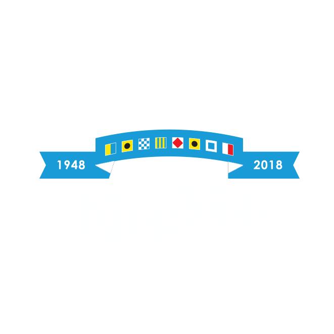 70 Year anniversary logo for King Fish restaurants with a blue banner reading "1948- 2018" text.