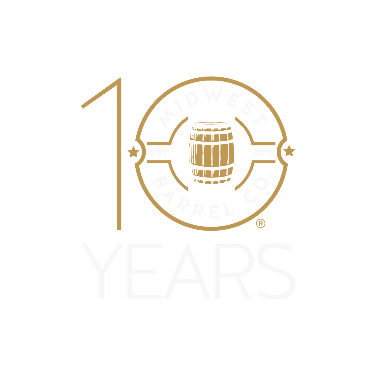 10 Year anniversary logo for Midwest Barrel Co. with a brown barrel icon and "EST. 2015" text.