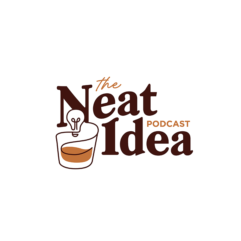 Logo for “The Neat Idea Podcast” featuring stylized brown lettering and a rocks glass with bourbon and a lightbulb inside, combining whiskey and creative inspiration themes.