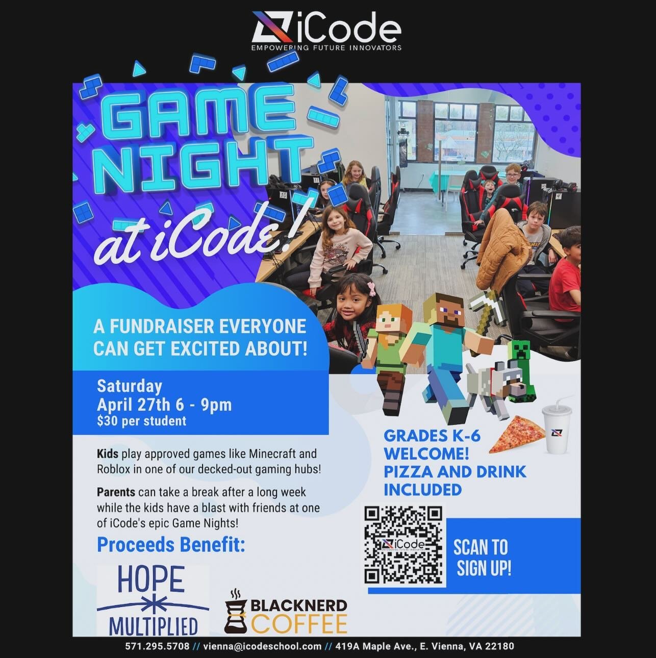 We&rsquo;re so excited that @blacknerdcoffee is teaming up with iCode to host a fundraiser on April 27th! They are generously donating part of the proceeds raised to our programs here at HopeMultiplied. Scan the QR code to register and PM us if you n