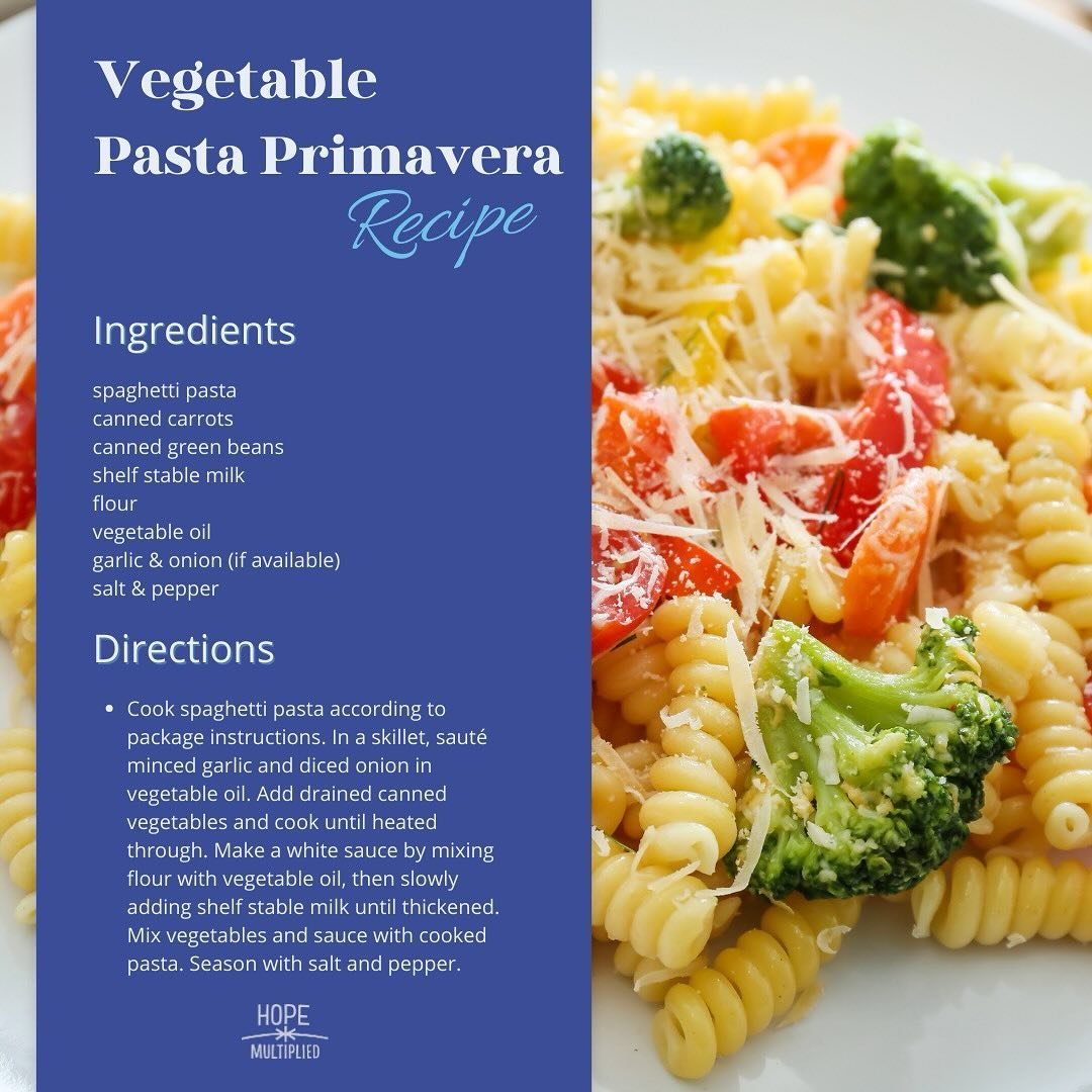 Craving pasta anyone? Check out this week&rsquo;s recipe from our Healthy Start Recipe series!🧑🏻&zwj;🍳🍝

Our Hope Totes that are given to families on a biweekly basis have 20 shelf stable foods in them. 🛒 We thought it would be fun and useful to