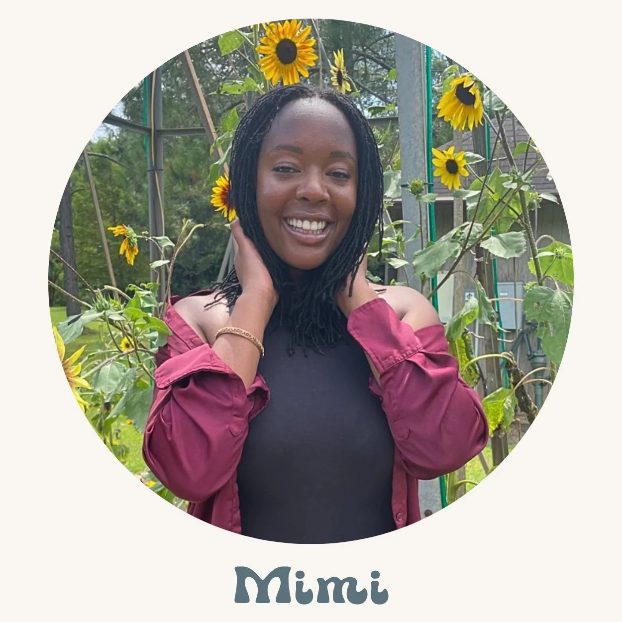A woman with black twisted hair smiling outdoors among sunflowers, wearing a black top and a burgundy jacket, with her hand touching her neck and a gold bracelet on her wrist. The name 'Mimi' is written below the image for her testimonial.
