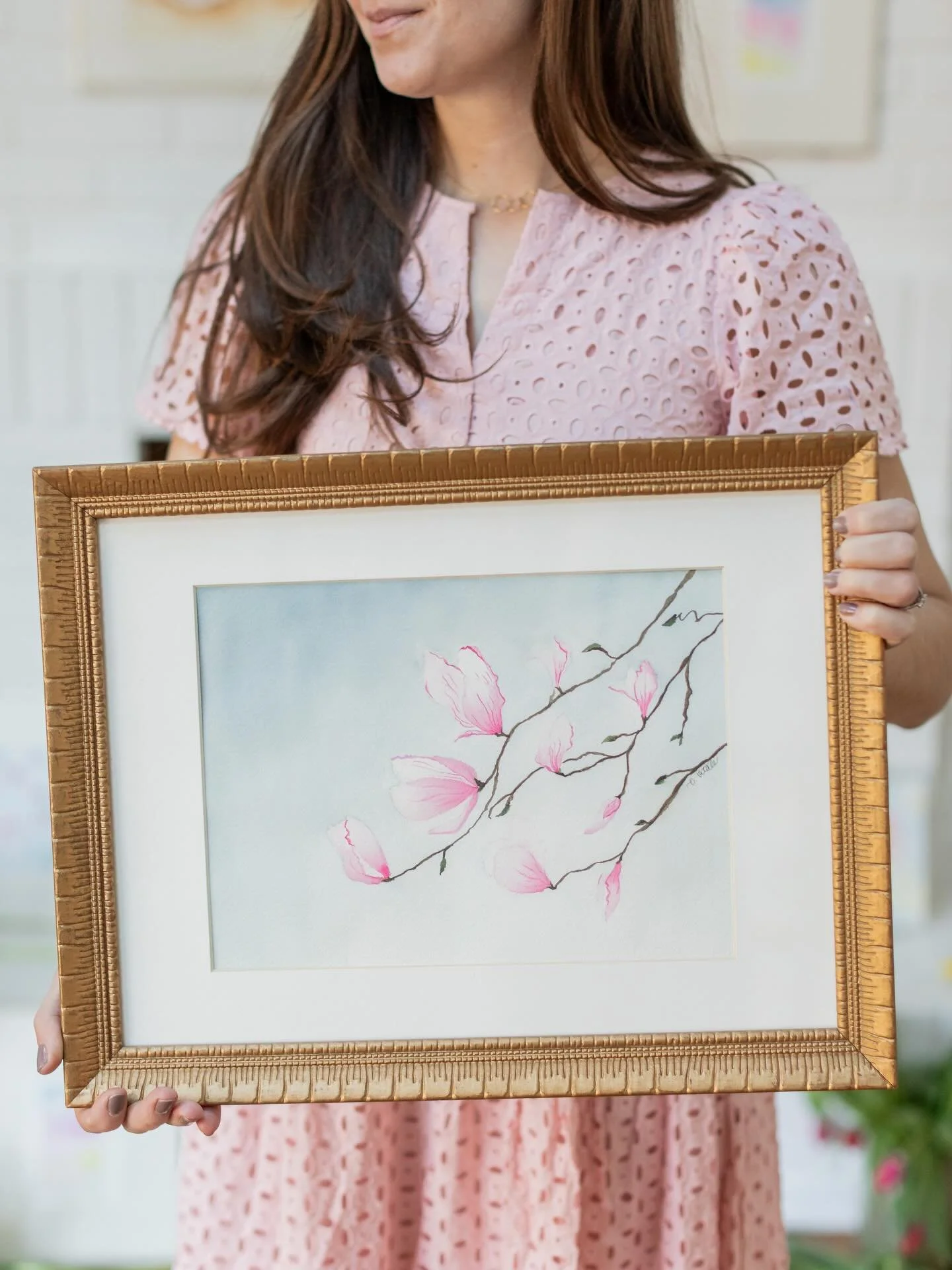 Happy Magnolia season!! They are one of my favorite spring subjects and gosh, are they showing off right now. (Scroll to see Cora posing with our baby tree!) 

This piece is one of my very favorites, a whimsical, blooming magnolia branch in a gorgeou