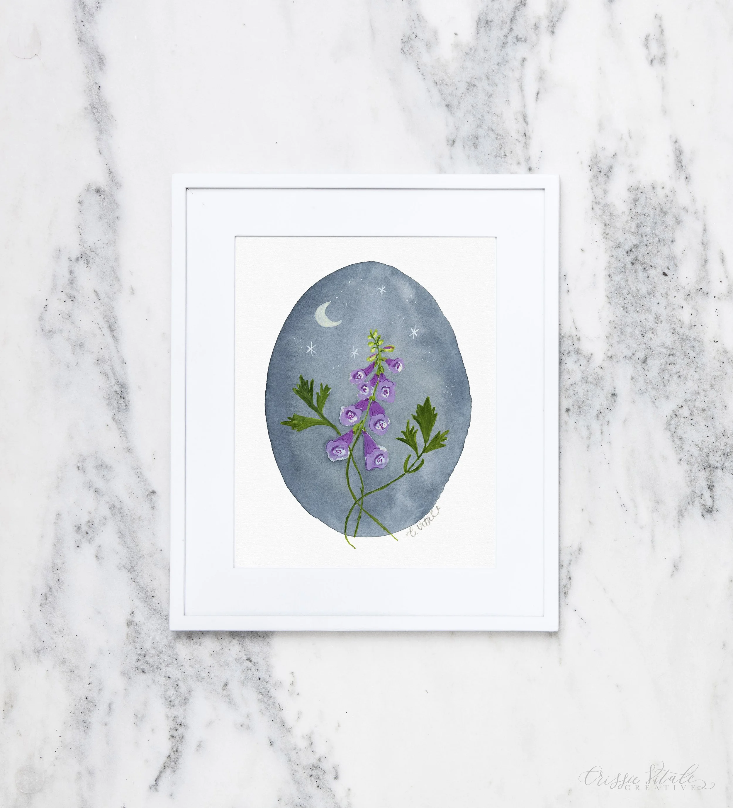 Watercolor Foxglove and Mugwort watercolor shown in a white frame