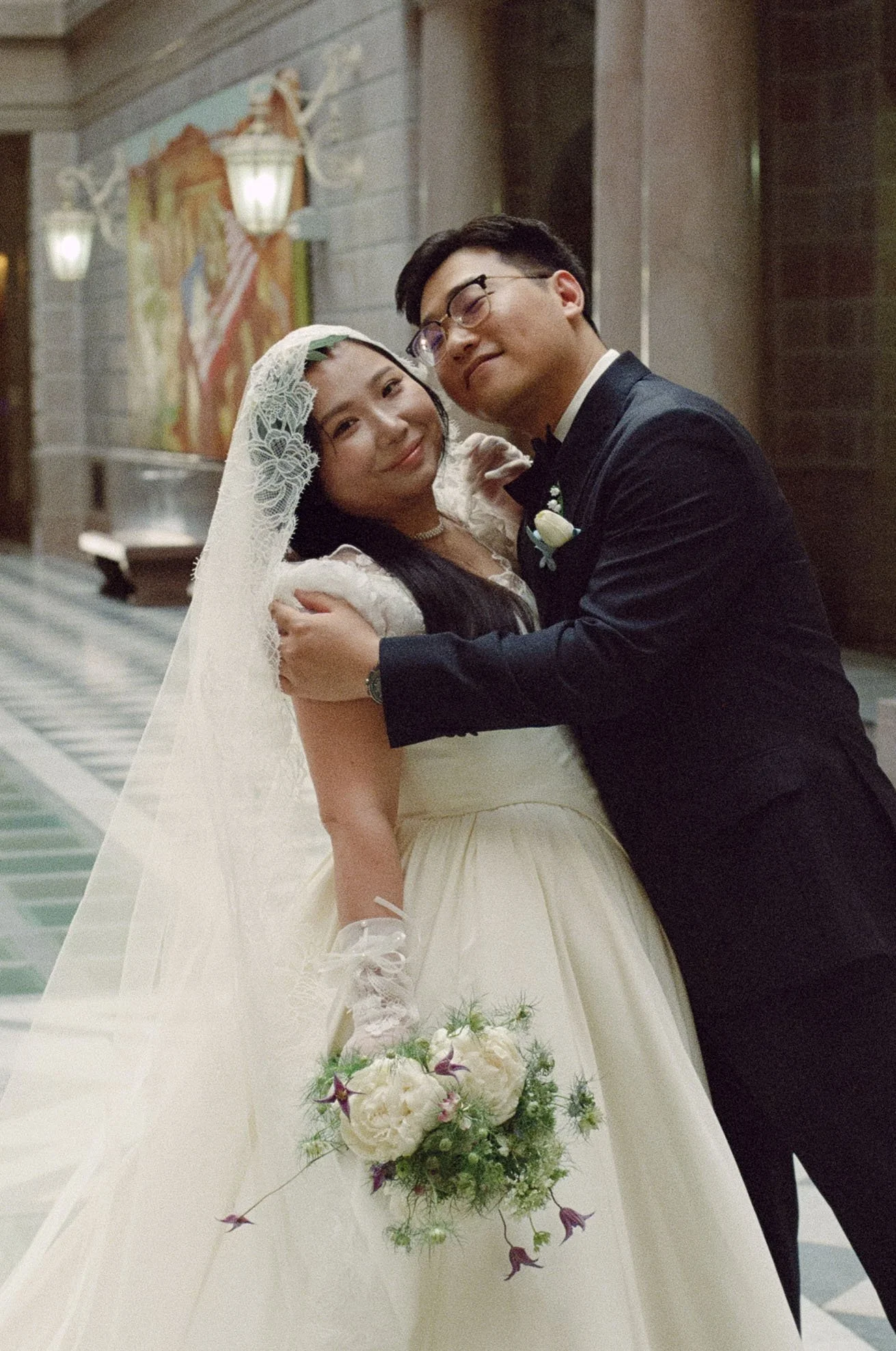 Romantic wedding portrait on film at Hartford City Hall by wedding photographer Briana Raucci