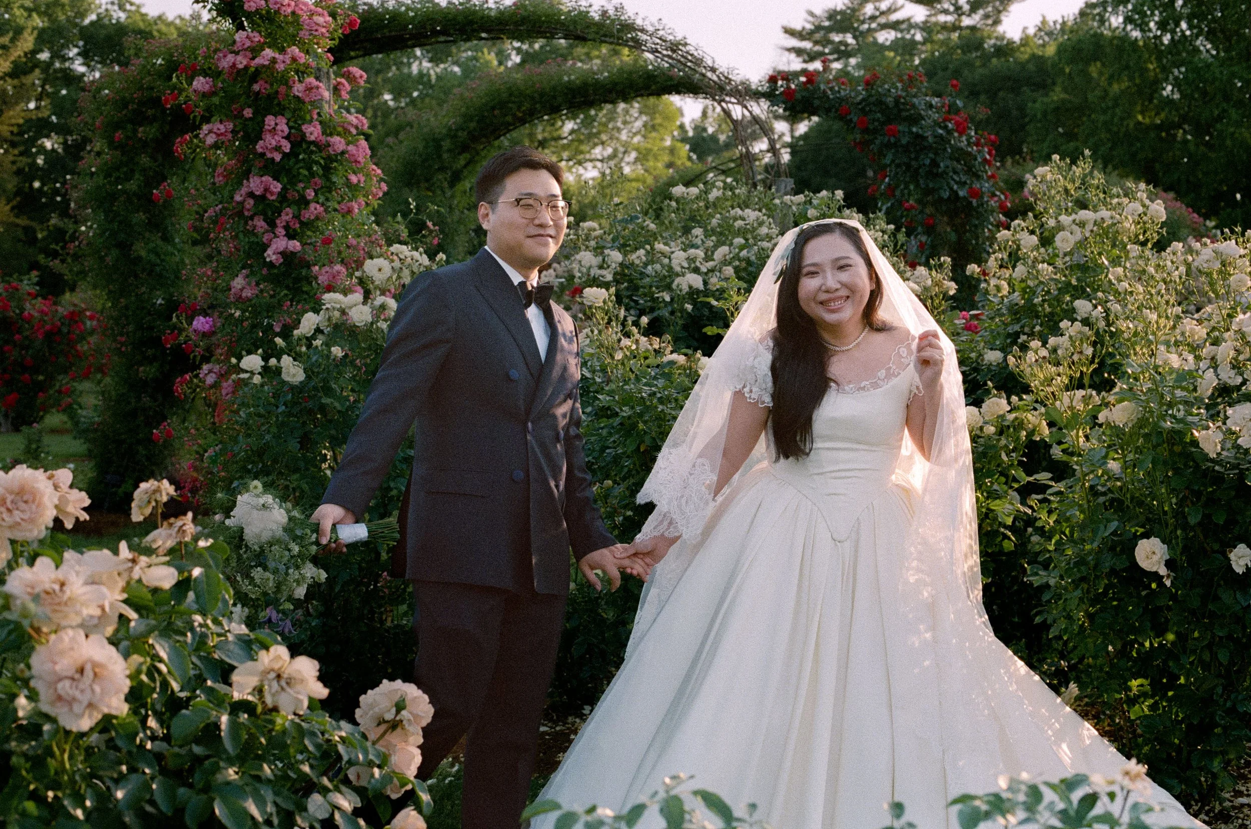 Rose garden wedding on film by Briana Raucci at Elizabeth Park Rose Garden
