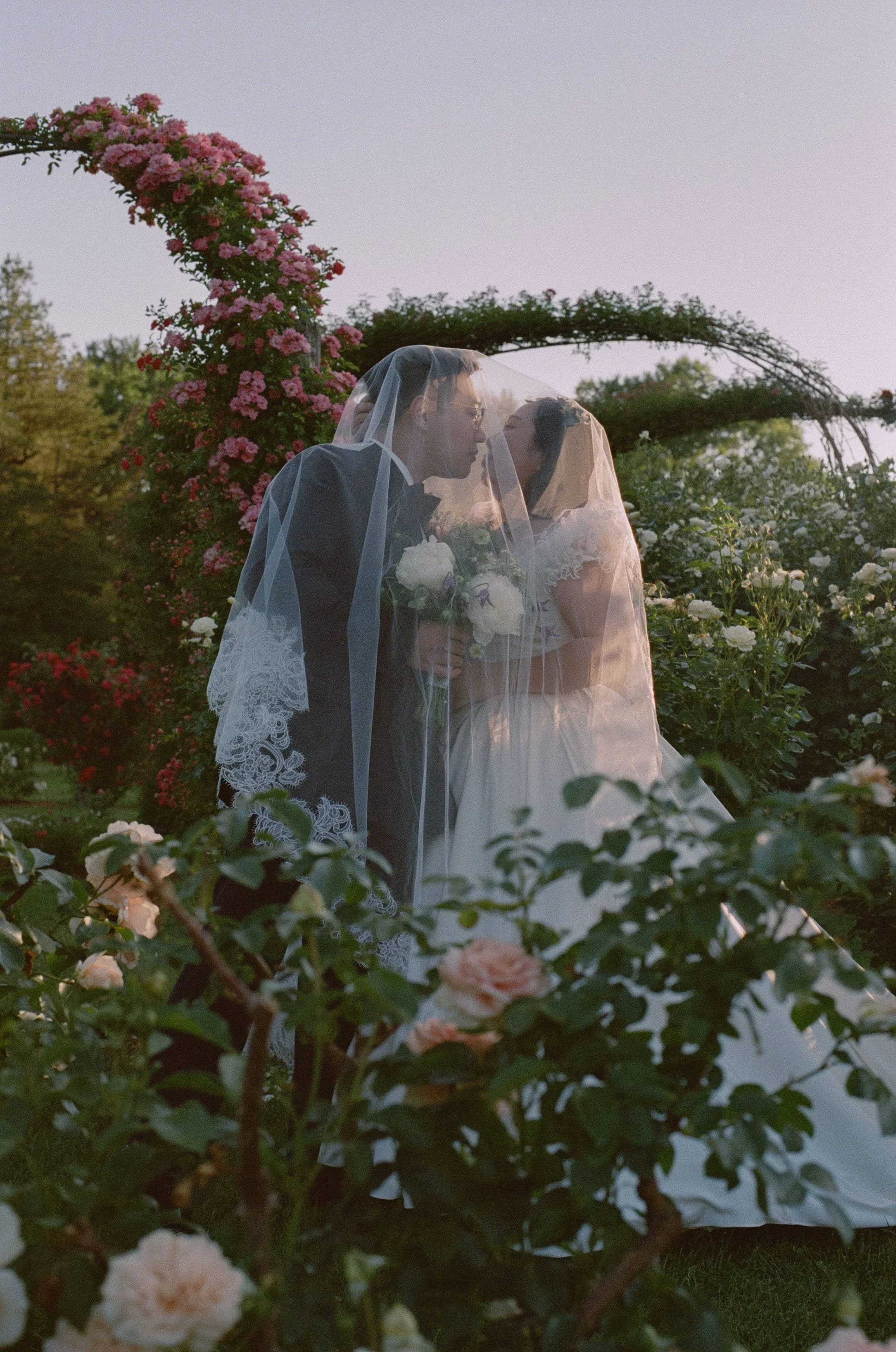 Candid documentary wedding photos by CT elopement photographer Briana Raucci. Taken at Elizabeth Park Rose Garden in Hartford CT. Rose Garden wedding on film.